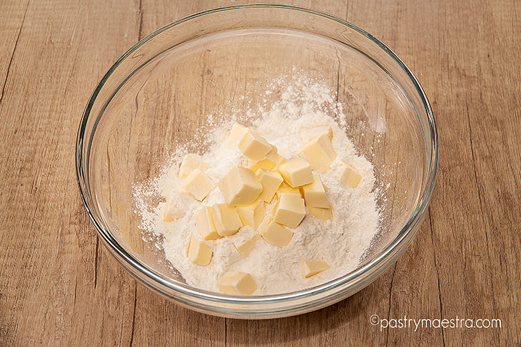 Shortcrust Pastry-butter and flour in a bowl, Pastry Maestra
